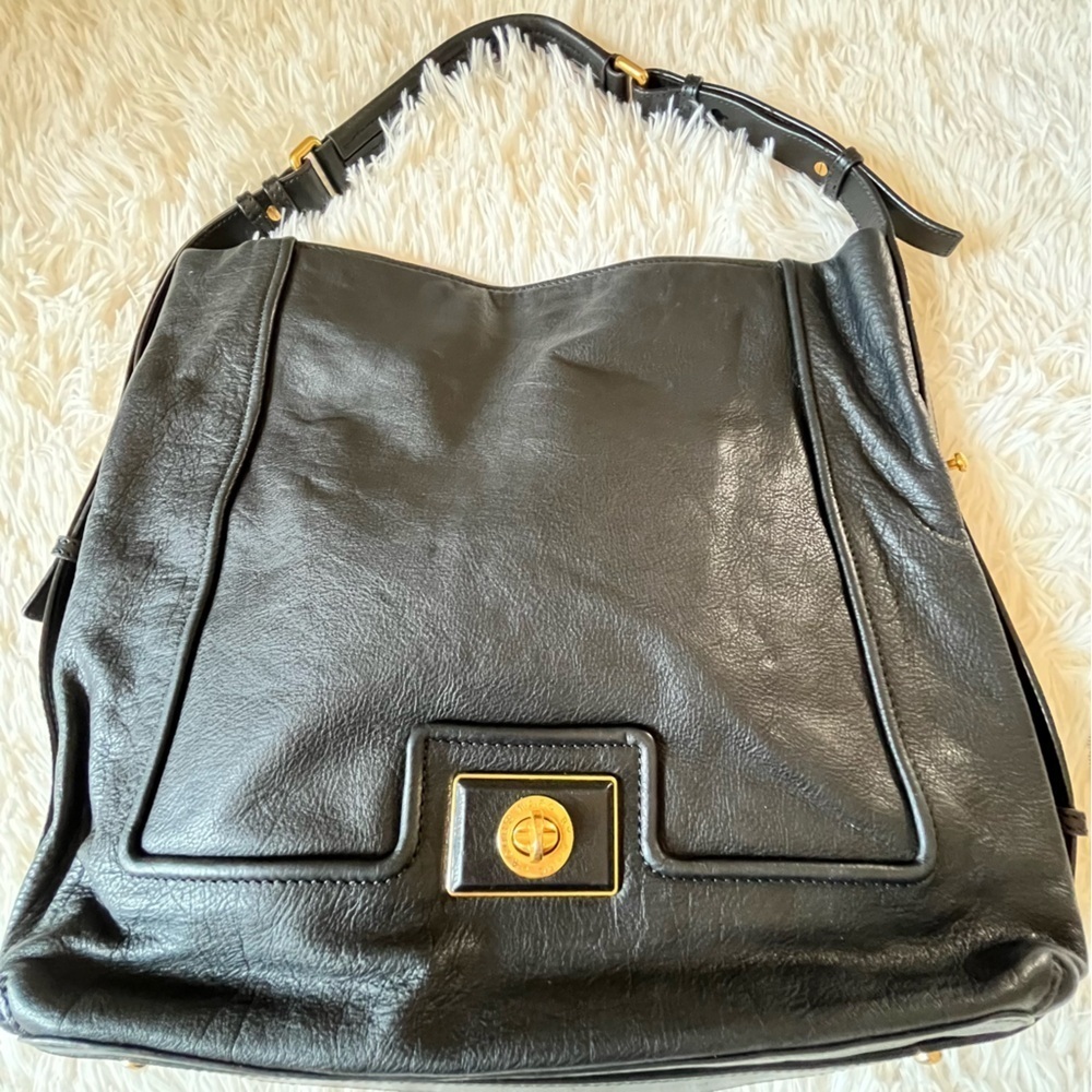 MARC JACOBS Large Black Leather Shoulder Handbag Hobo Purse Tote Gold Hardware - Picture 11 of 11